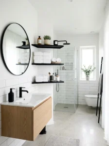 White bathroom with black open shelving for stylish storage