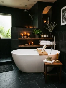 White freestanding tub standing out against black bathroom surroundings