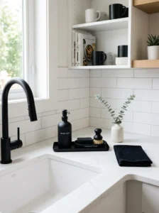 Black accessories on white countertop bathroom