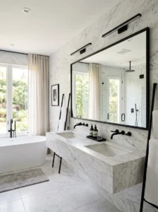 White marble bathroom with black accents for a clean luxury look