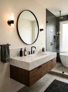 Matte black bathroom faucet paired with white marble vanity for modern contrast