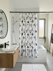 White shower curtain with black pattern bathroom