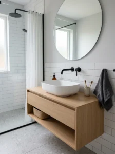 White sink with black faucet bathroom