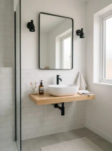 Black mirror frame highlighting a clean white bathroom sink area