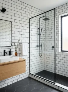 White subway tiles with black grout bathroom design
