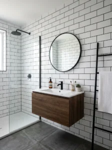 White tiles with black grout bathroom design