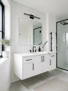 White vanity with black hardware bathroom design