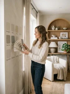 Testing paint samples on living room walls before choosing a final color