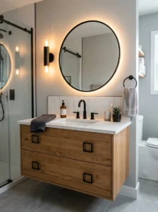 Wood vanity with matte black fixtures bathroom