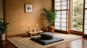 Peaceful Zen meditation room with bamboo decor and warm lighting