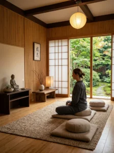 Bamboo wall panels with soft lighting in a Zen meditation room