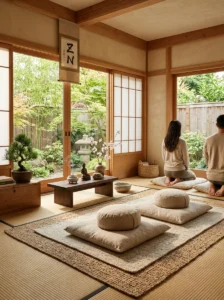 Zen floor seating with bamboo mats and cozy cushions