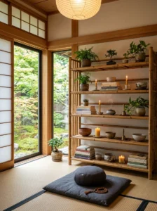 Bamboo shelves styled with natural decor in a meditation room