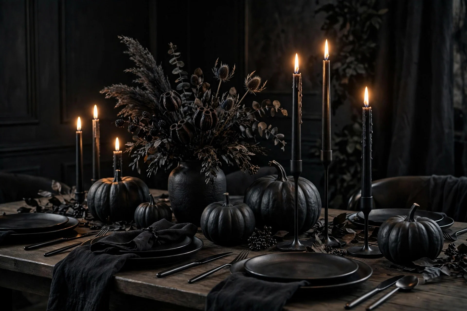 All-black Halloween table setting with black taper candles, dark plates and matte black pumpkins glowing in candlelight