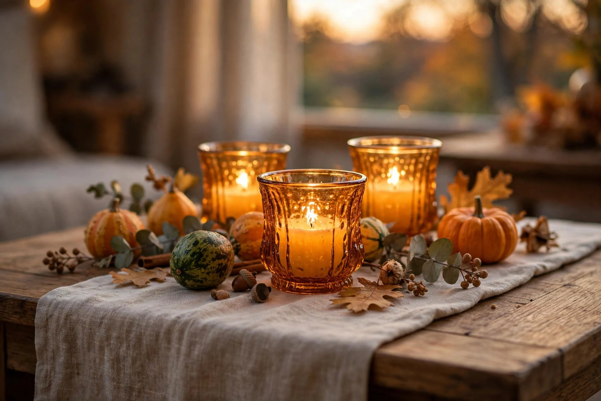 Amber glass candle holders glowing on a fall coffee table