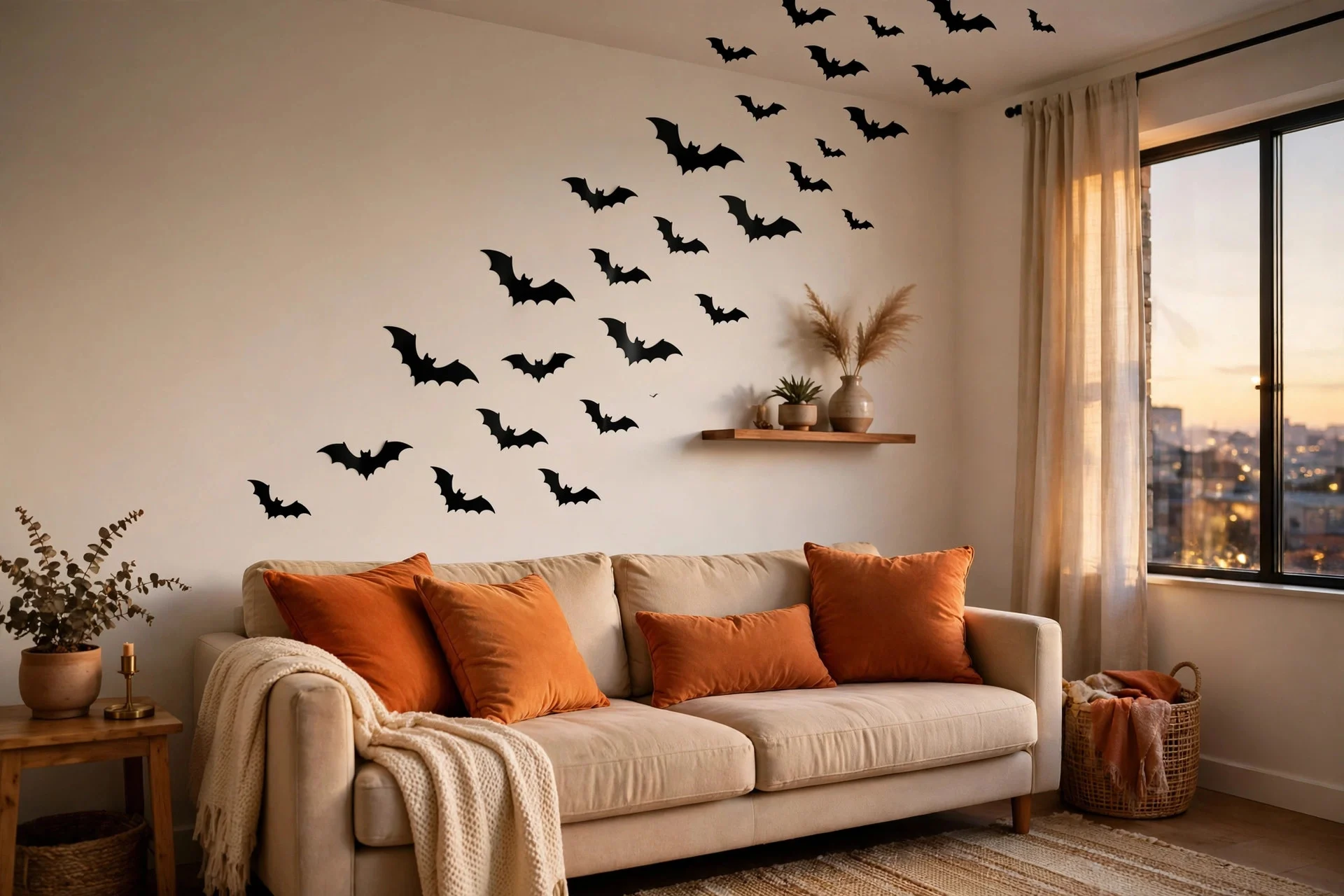 Removable black bat wall decals flying up an apartment living room wall above a sofa