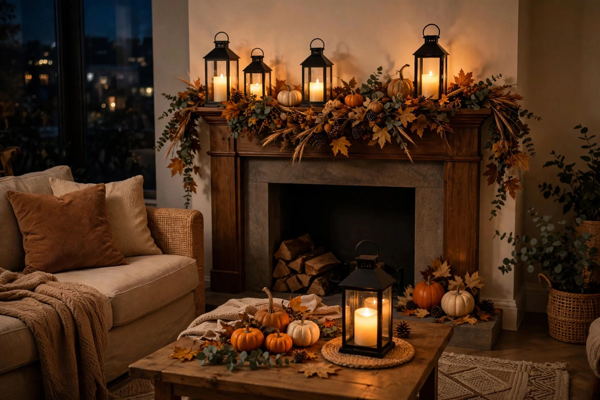 Apartment living room glowing with battery-operated candles in lanterns and warm string lights