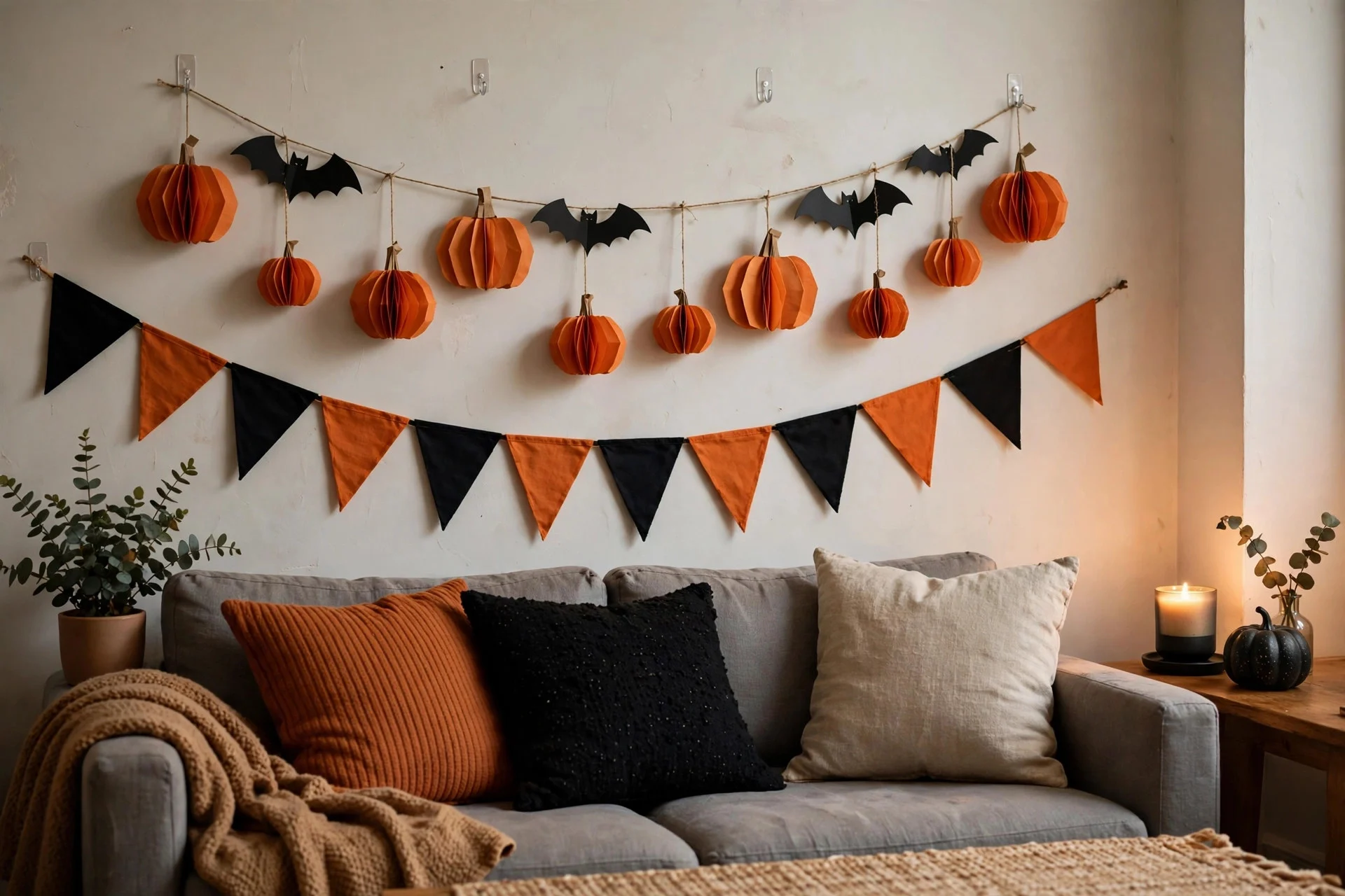 Halloween garland of paper pumpkins and bats hanging from adhesive hooks above a sofa