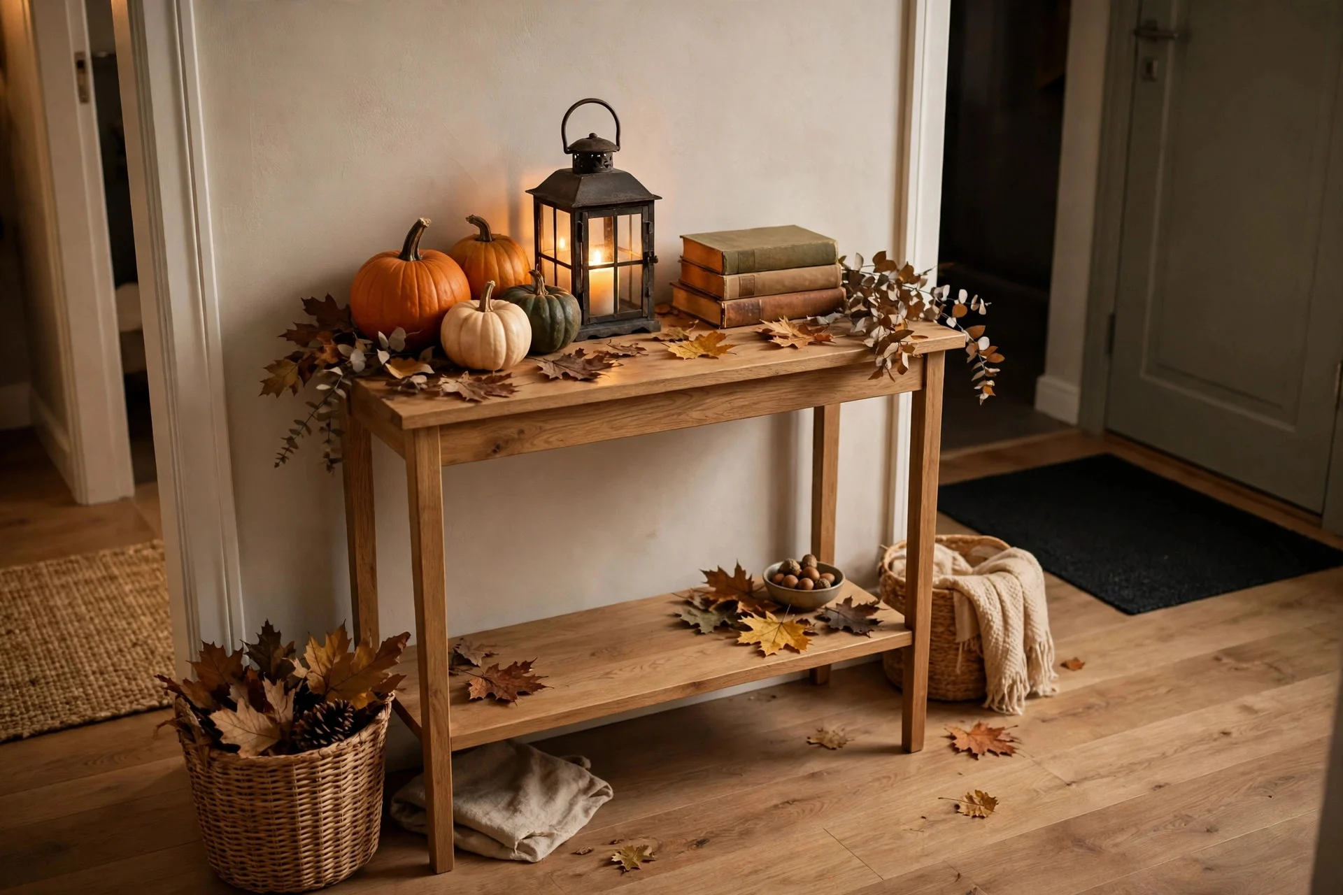 Freestanding apartment entryway console decorated for Halloween with pumpkins, a lantern, and autumn leaves