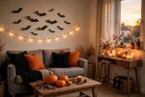 Cozy small apartment living room decorated for Halloween with pumpkins, string lights, and paper bats