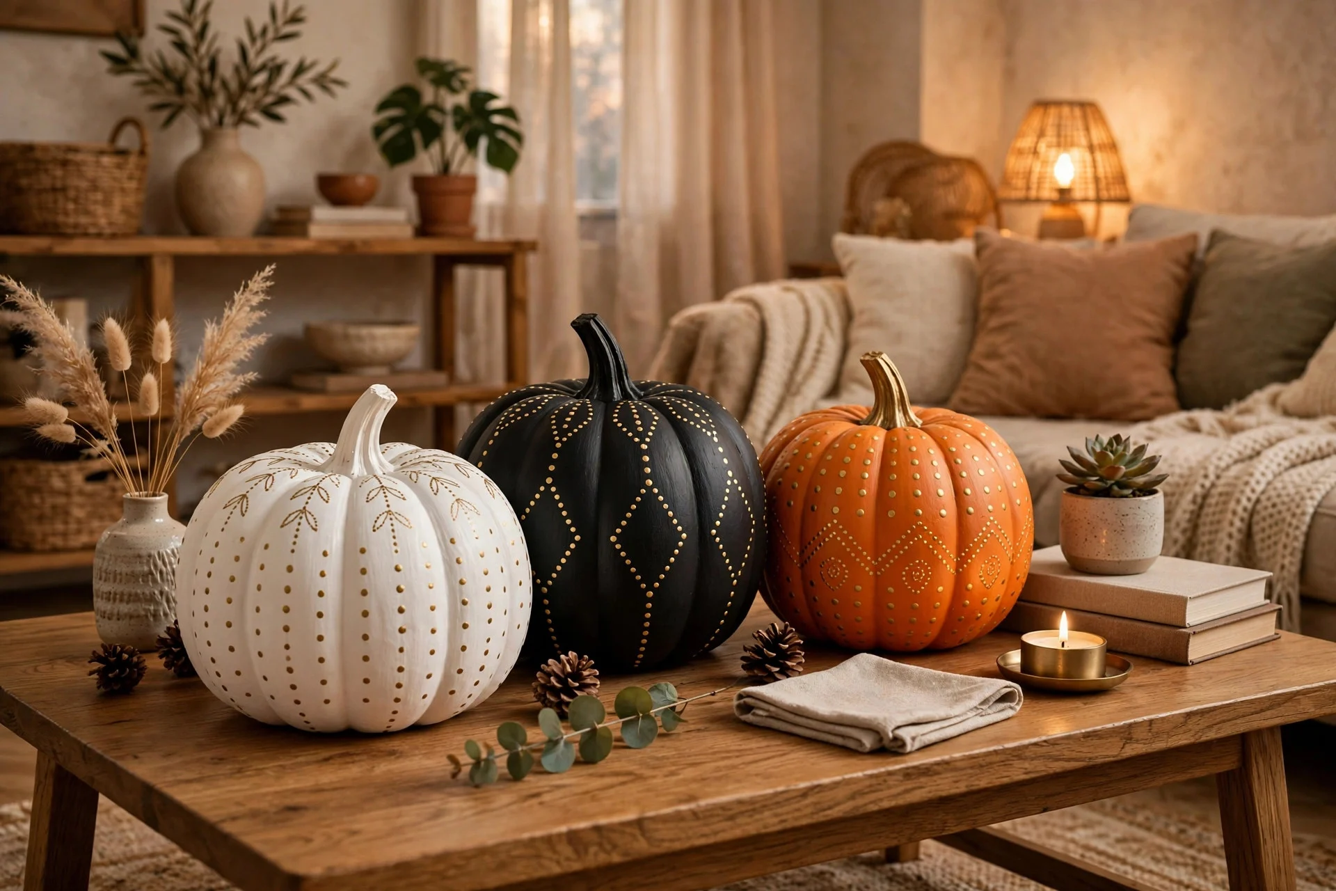 Painted no-carve pumpkins in white, black, and orange displayed on an apartment coffee table