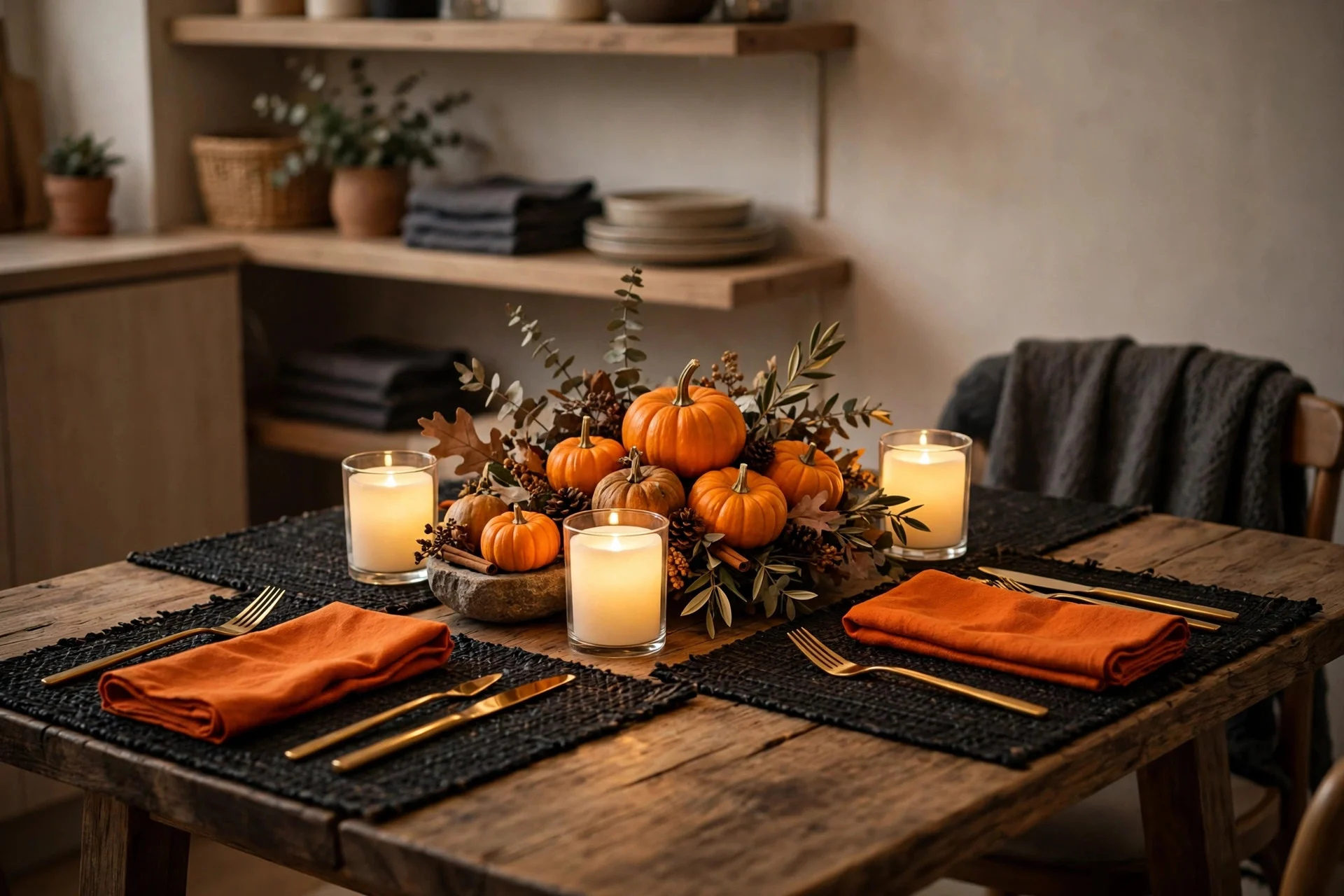 Small apartment dining table set for Halloween with black placemats, orange napkins, and mini pumpkins