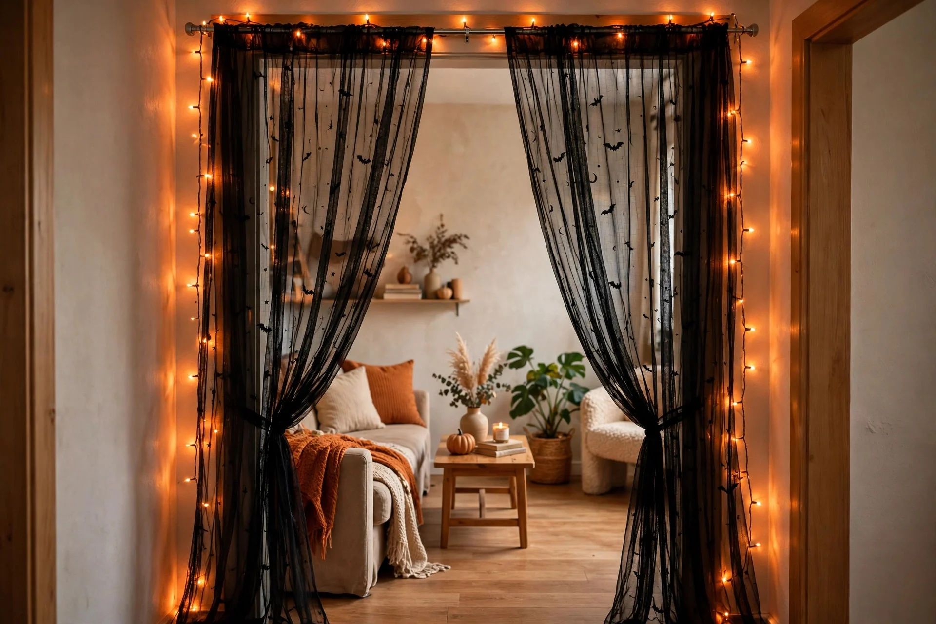 Black sheer Halloween curtains hanging from a tension rod in an apartment doorway with warm fairy lights