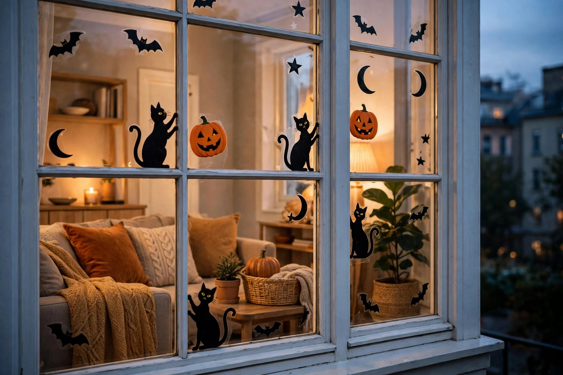 Window with removable Halloween clings of black cats and pumpkins glowing in warm evening light