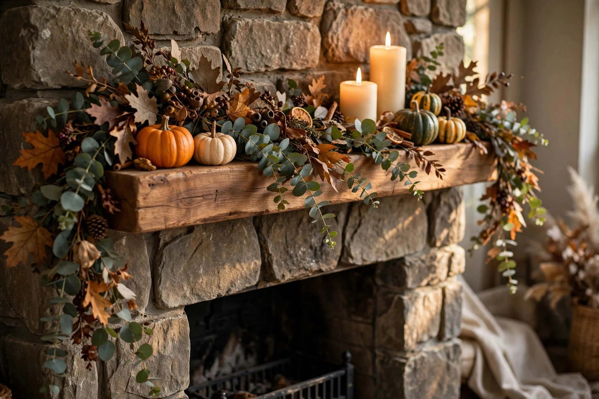 Autumn fireplace mantel with eucalyptus garland and glowing candles