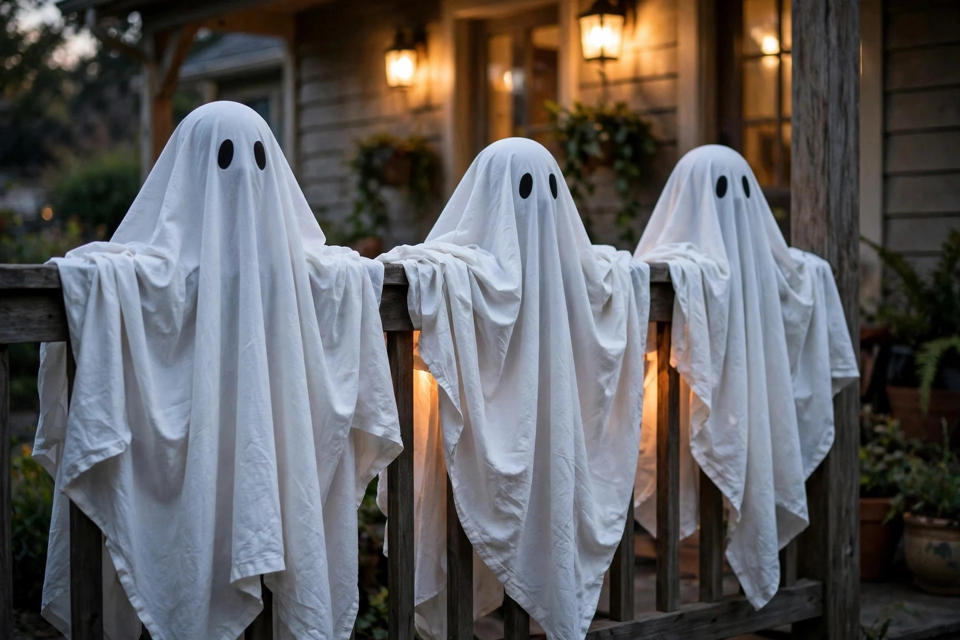 White bedsheet ghost figures with black eyes draped over a porch railing at dusk