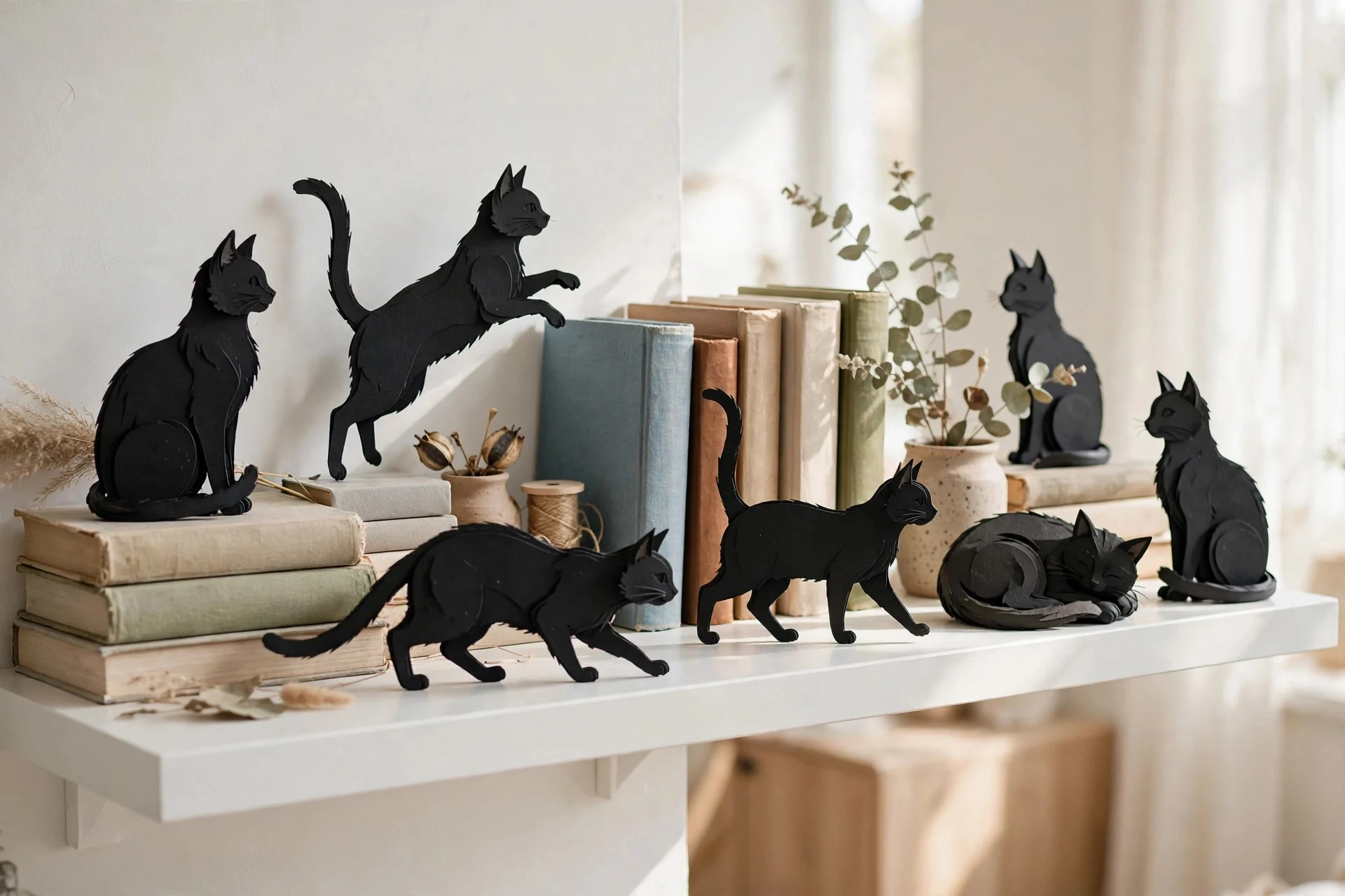 Black cat silhouette figurines arranged on a white floating shelf with books