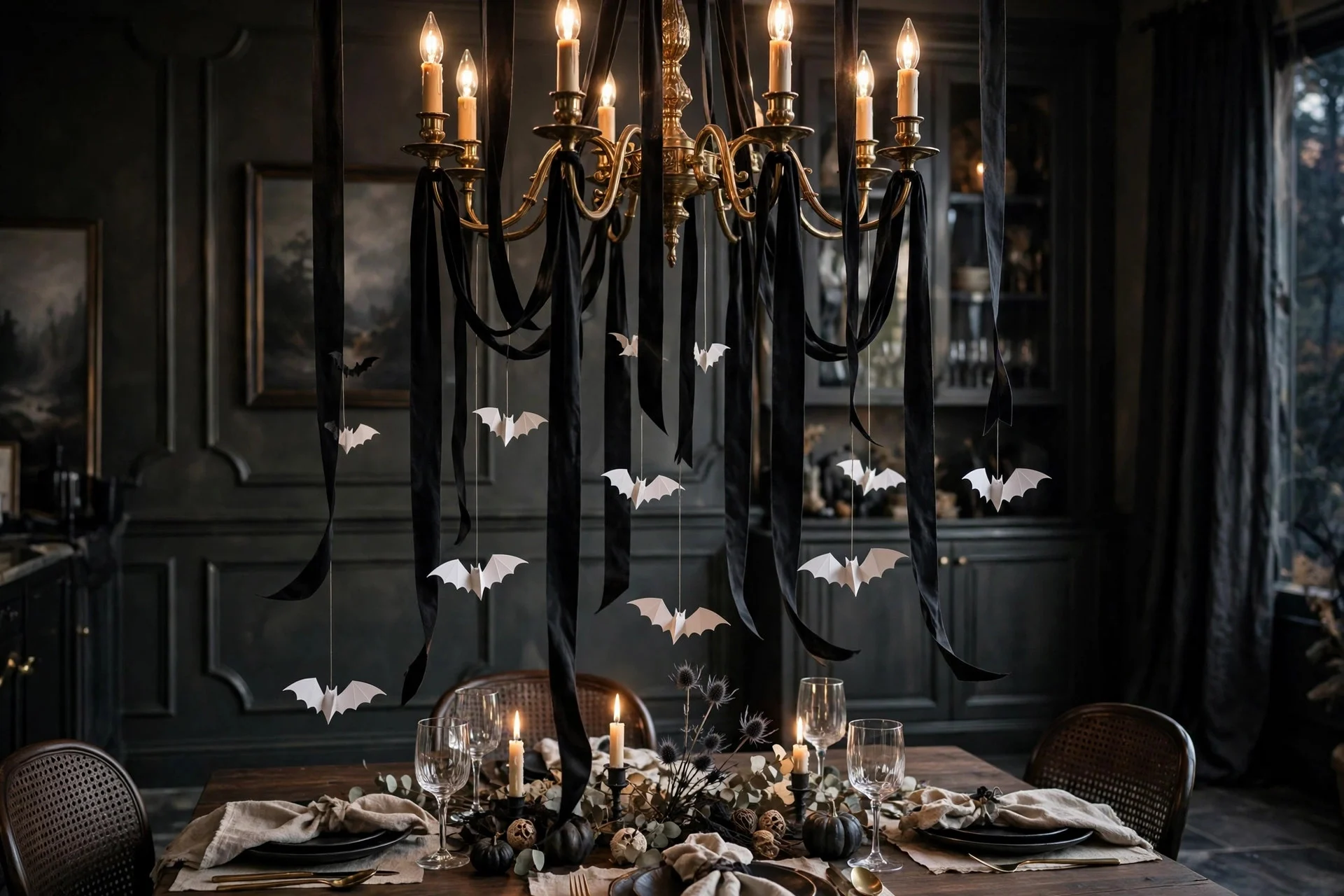 Chandelier draped with black ribbon and hanging white paper bats above a table