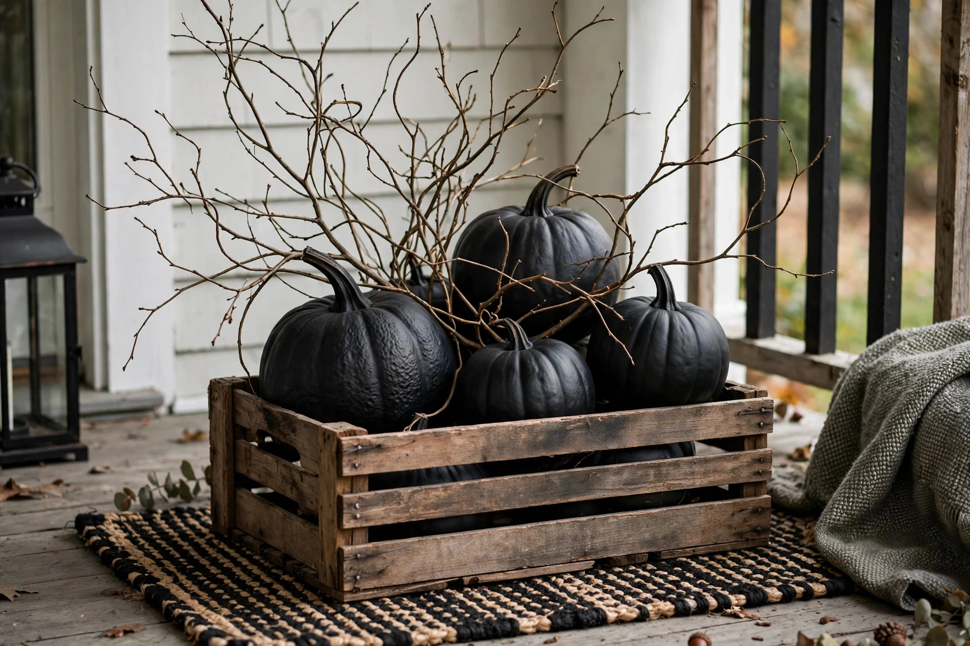 Porch vignette of matte-black spray-painted pumpkins and branches arranged in a crate