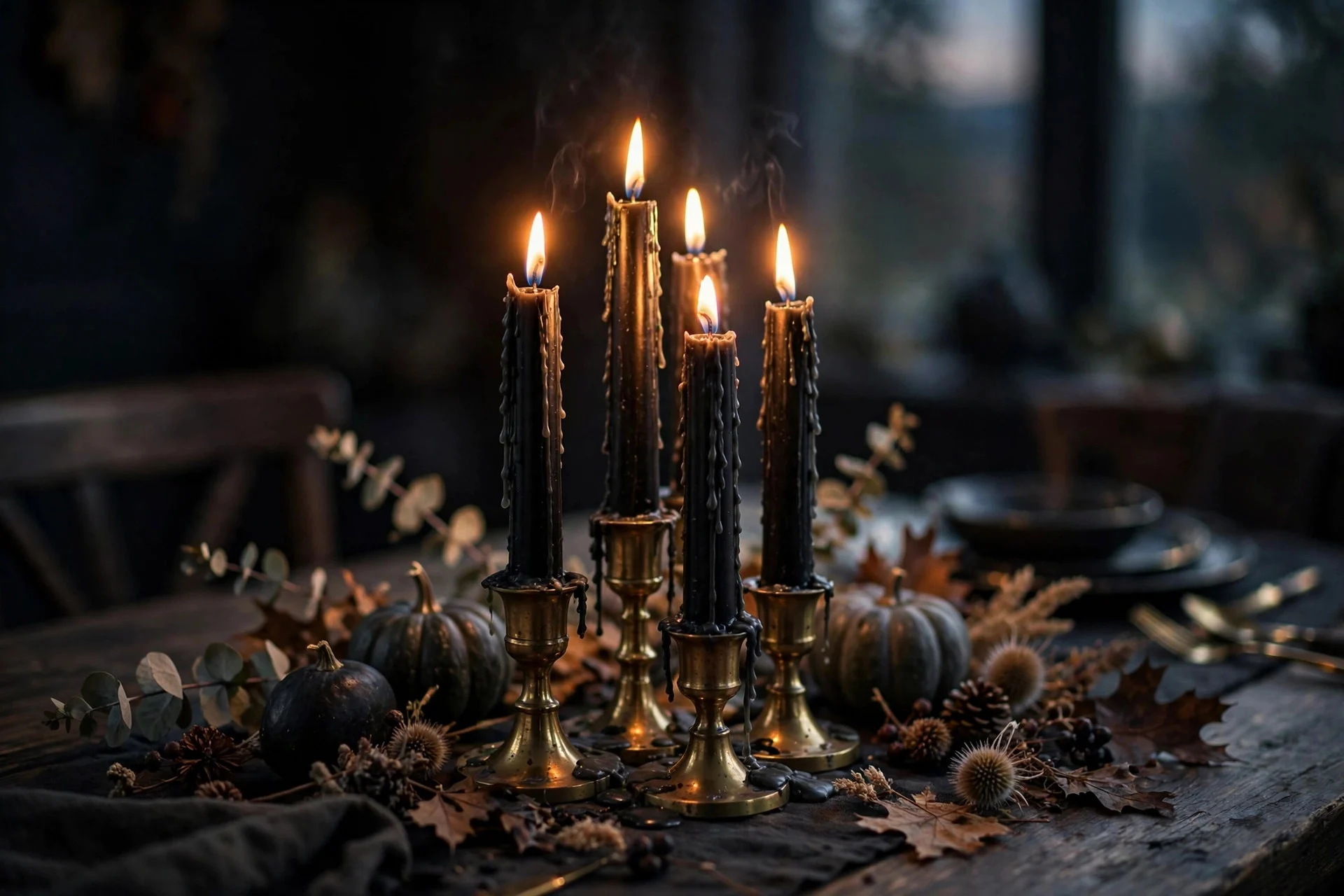 Cluster of black taper candles in brass holders glowing on a dining table at dusk