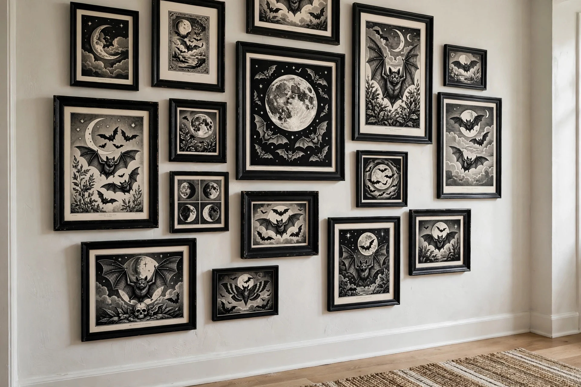 Gallery wall of black and white Halloween art prints in mismatched frames