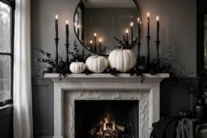 White pumpkins and black candlesticks arranged on a mantel with a round mirror behind them