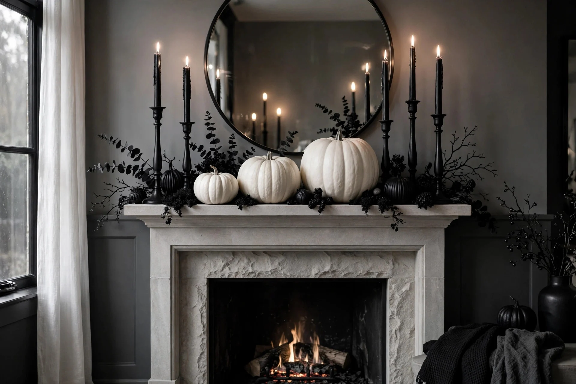 White pumpkins and black candlesticks arranged on a mantel with a round mirror behind them