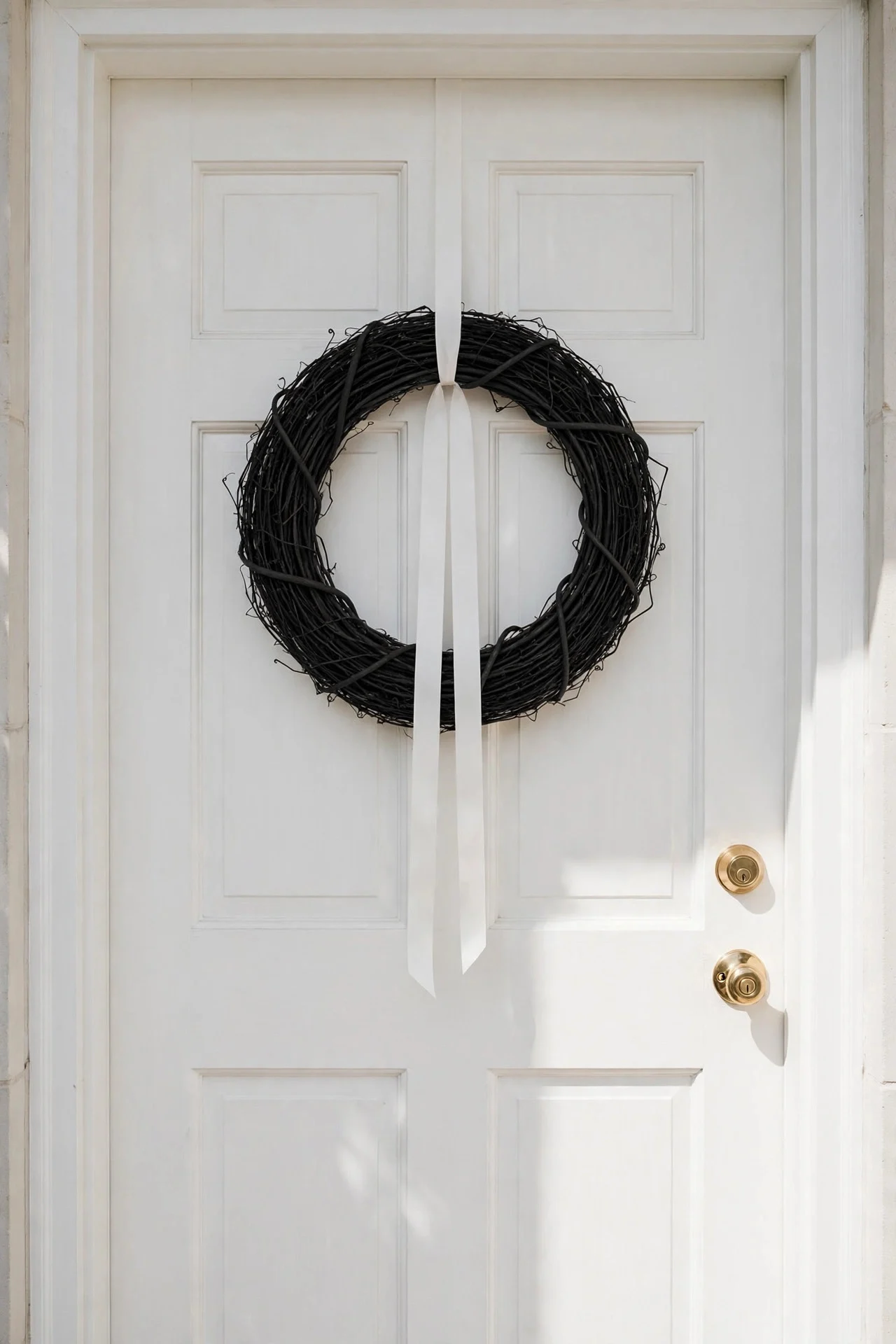 Black grapevine wreath with white ribbon hanging on a white front door