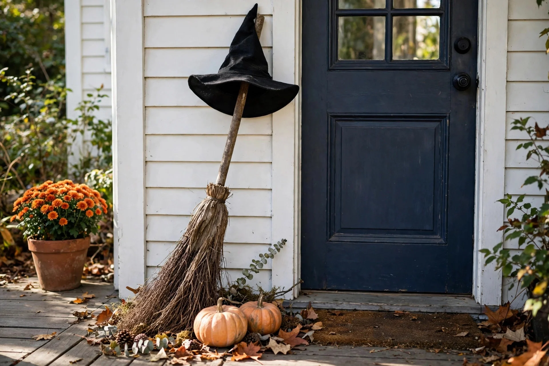 Witch broom leaning by a front door with a black witch hat hanging on it and pumpkins at the base