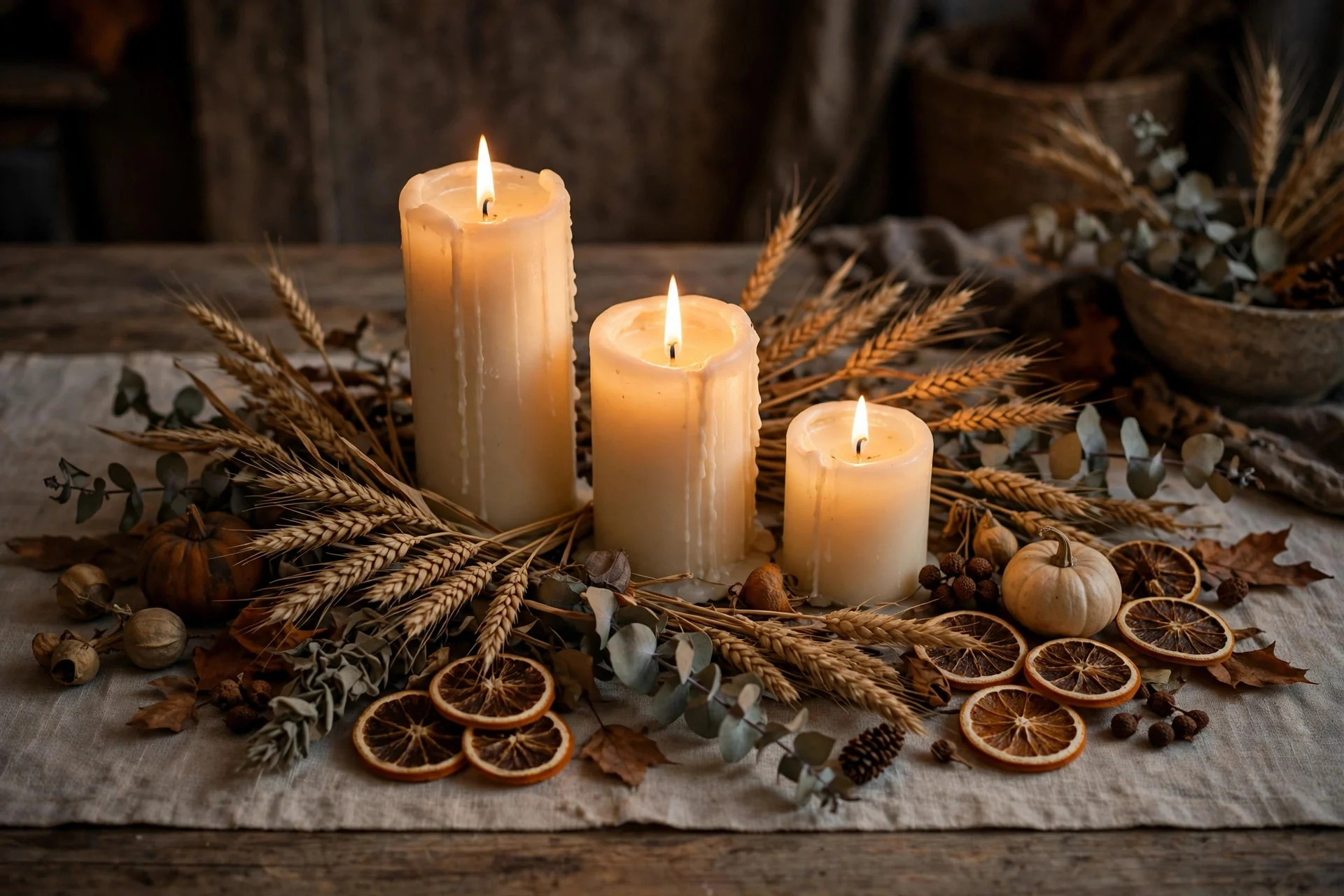 Halloween table decorated with ivory pillar candles surrounded by dried wheat, eucalyptus and dried orange slices