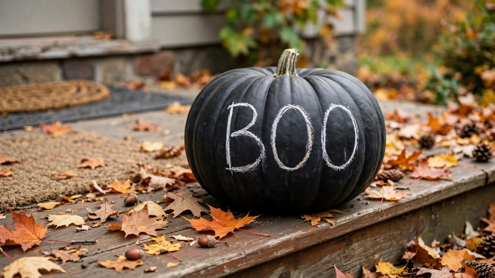 Black chalkboard-painted pumpkin with hand-written BOO chalk message on a porch step