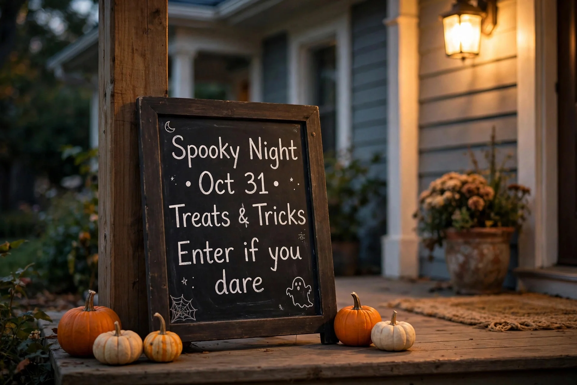 Small chalkboard sign with a hand-lettered spooky message on a porch beside pumpkins