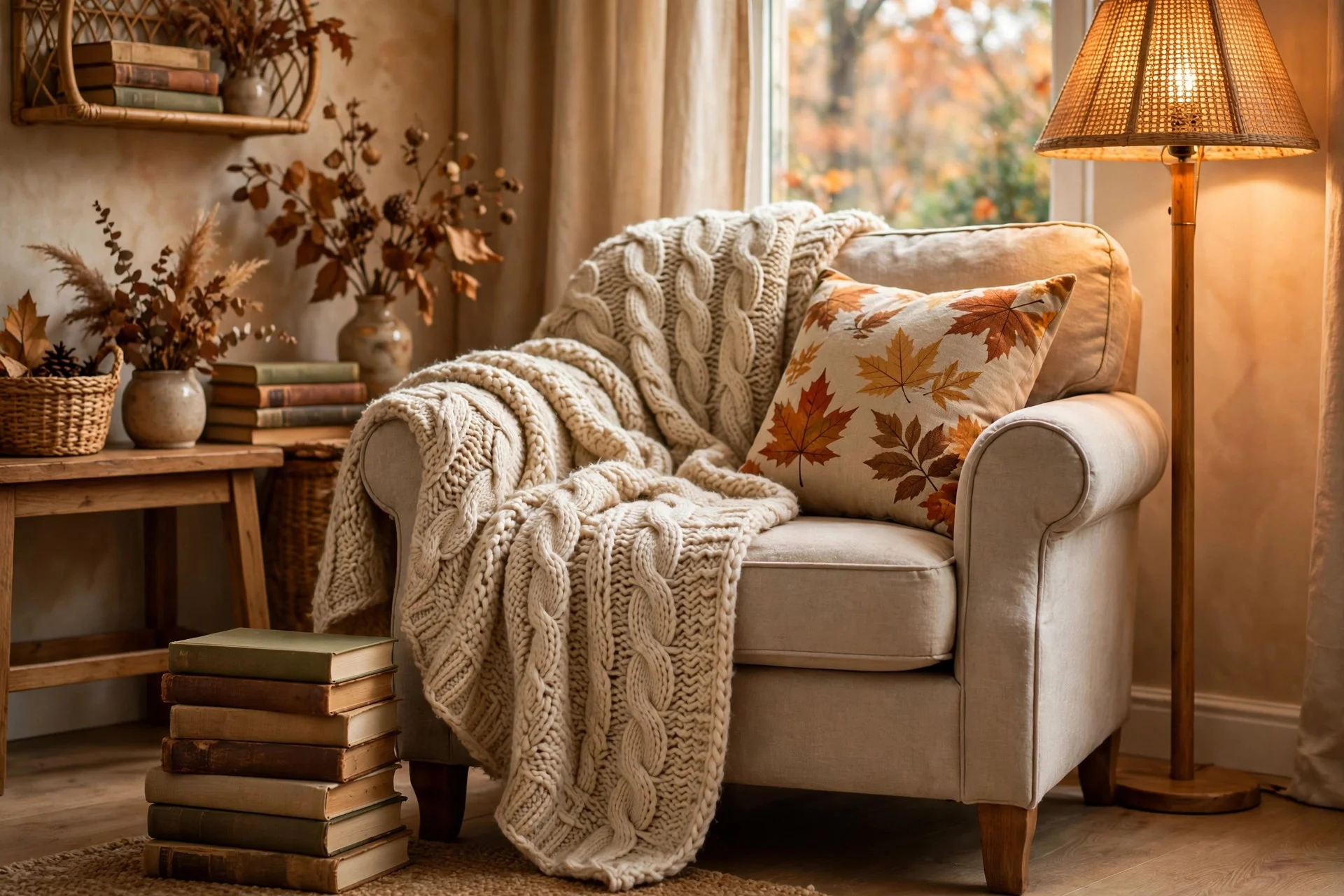 Cozy fall reading nook with chunky knit blanket and warm lamp