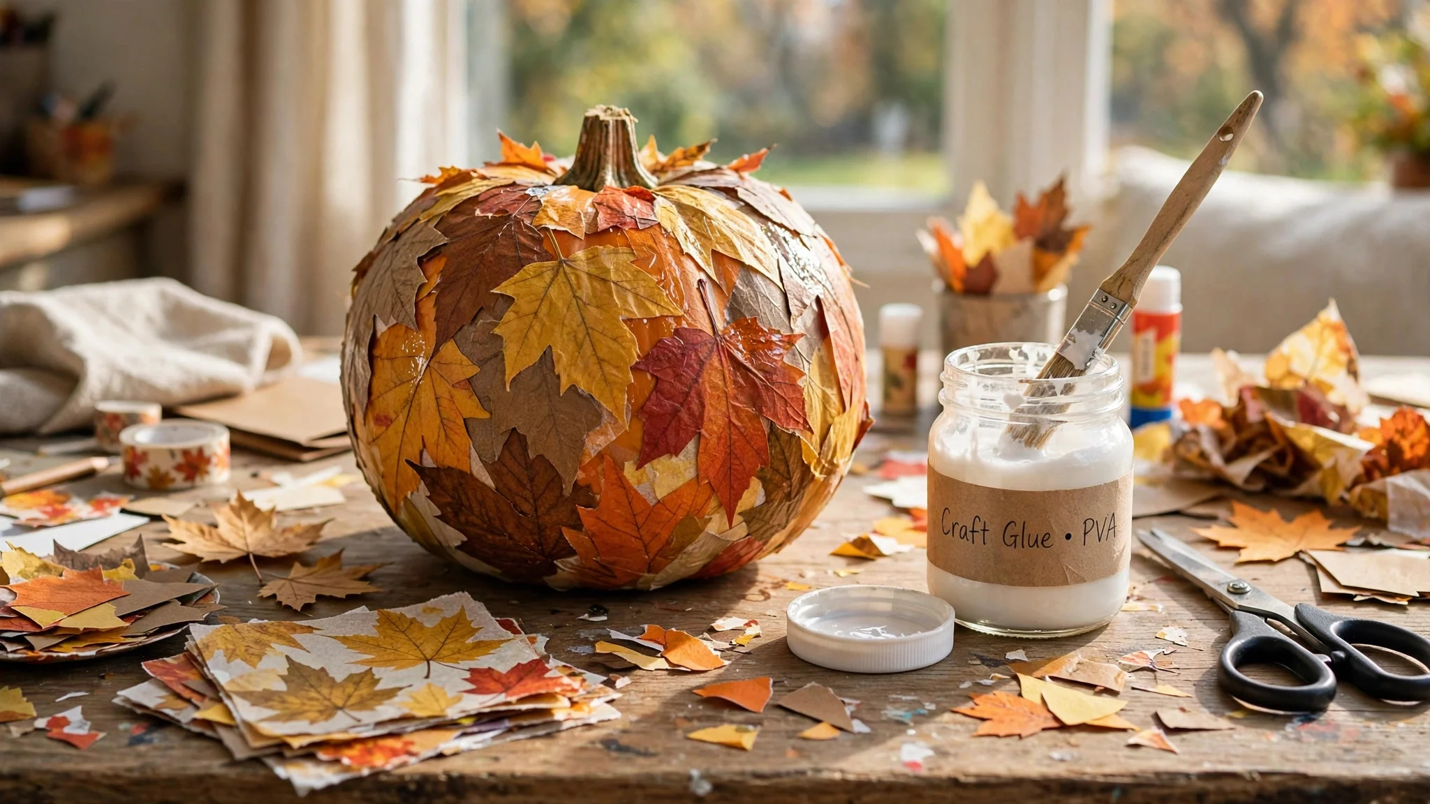 Pumpkin covered in autumn-leaf decoupage tissue paper on a craft table with scissors and glue