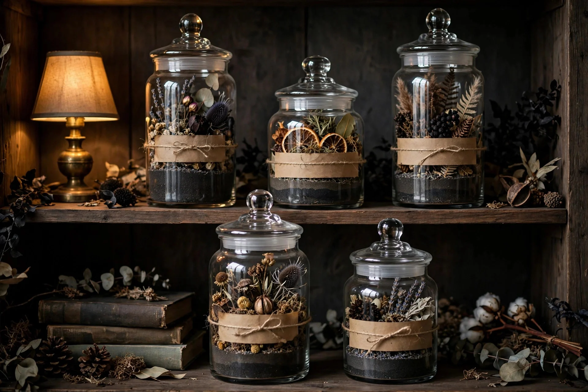 Dollar store glass jars with aged labels styled as spooky apothecary bottles on a shelf