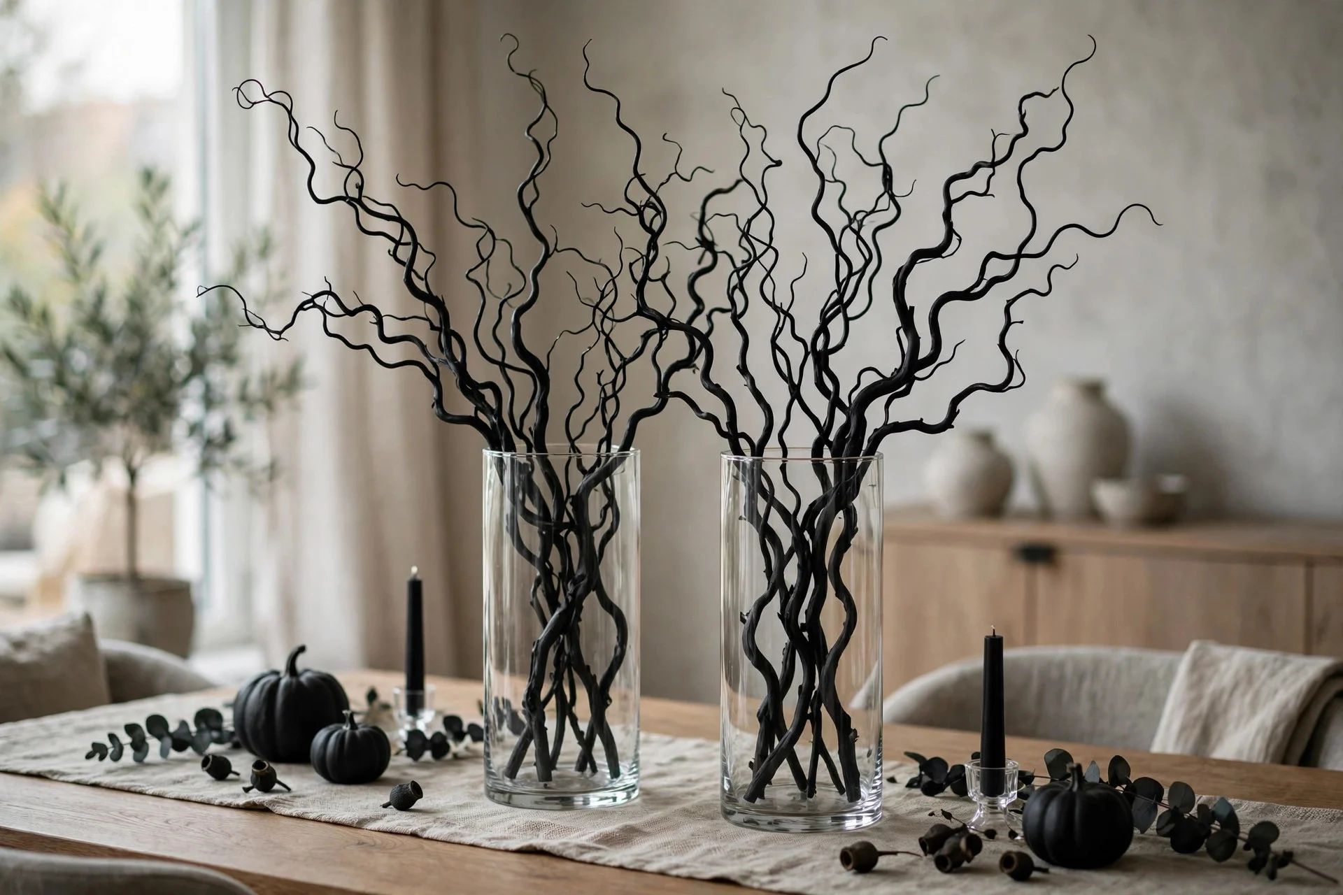 Bare branches spray-painted black in tall dollar store vases as a Halloween centerpiece