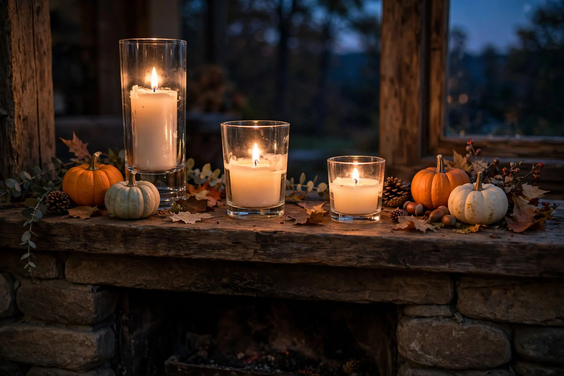 Dollar store candles in glass holders at three different heights glowing on a mantel