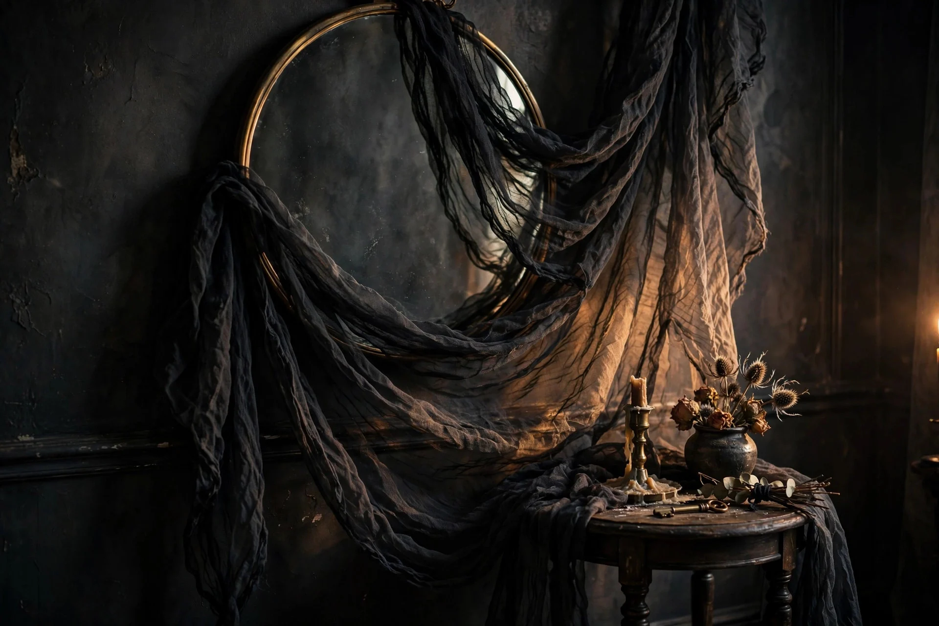 Black cheesecloth draped loosely over a mirror and side table for a gauzy Halloween look