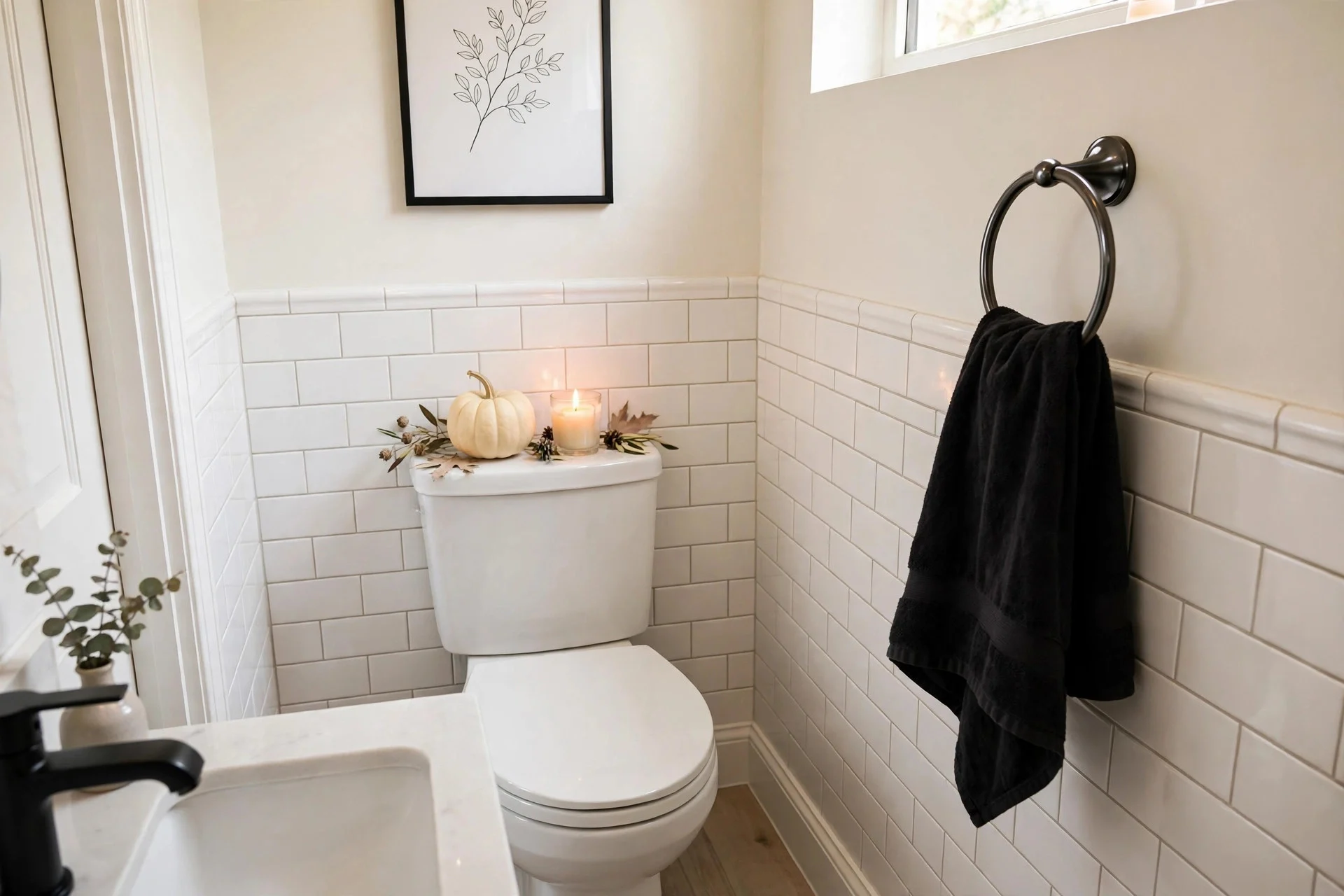 Guest bathroom with a black hand towel, small pumpkin, and candle for subtle Halloween