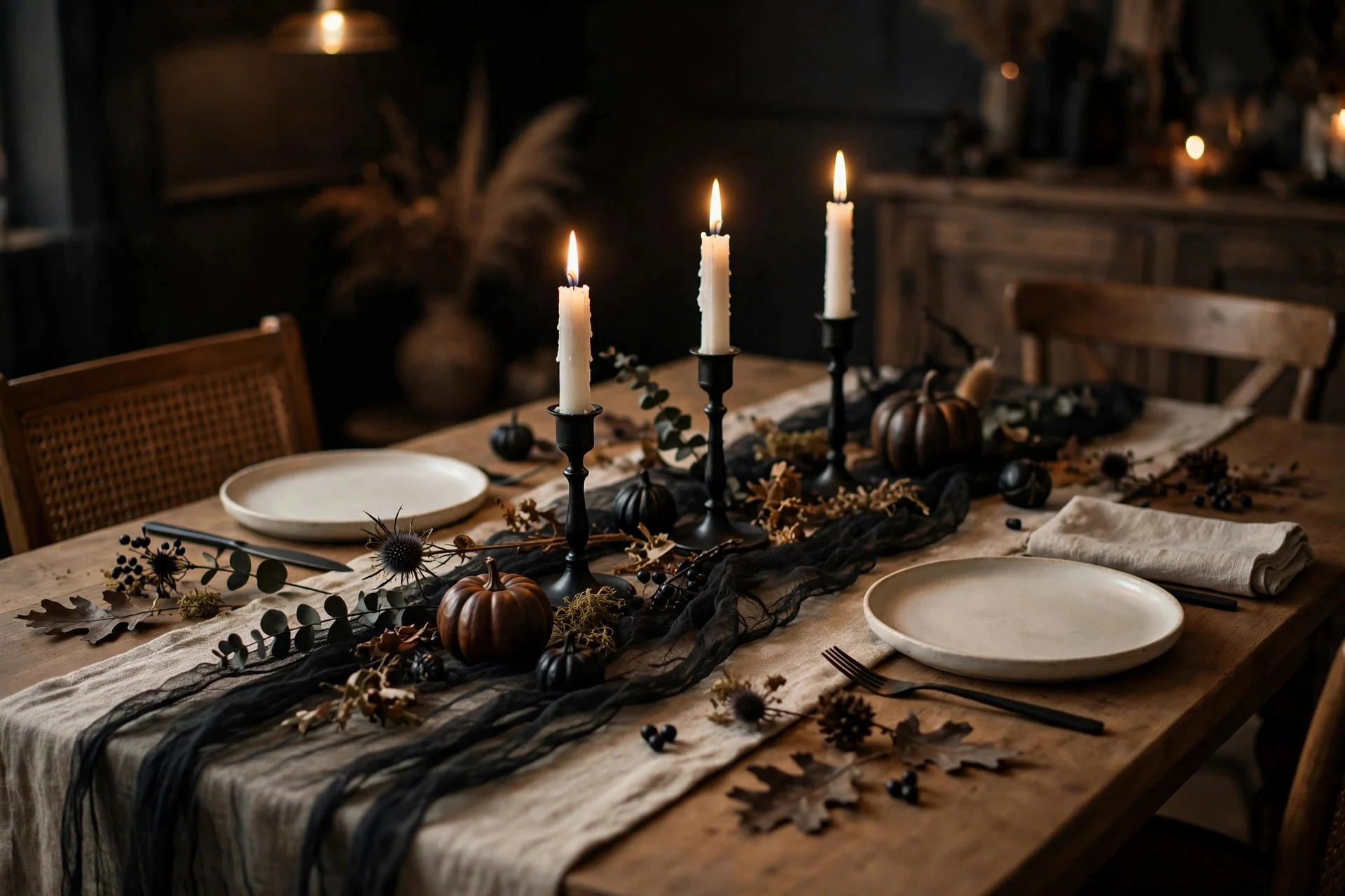 Dining table with black gauze layered over a linen runner and dollar store candlesticks